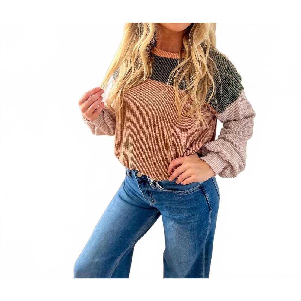 NEW LOVELY MELODY keeley corded color block top in olive and peanut butter